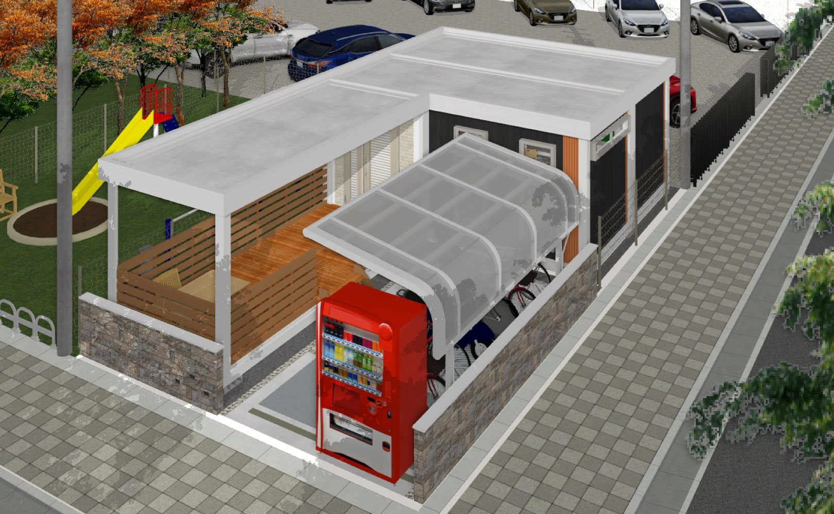 外観デザインにもこだわったデッキテラス付き教室