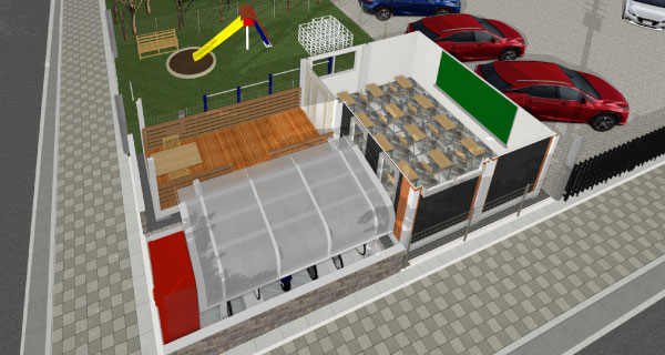 外観デザインにもこだわったデッキテラス付き教室